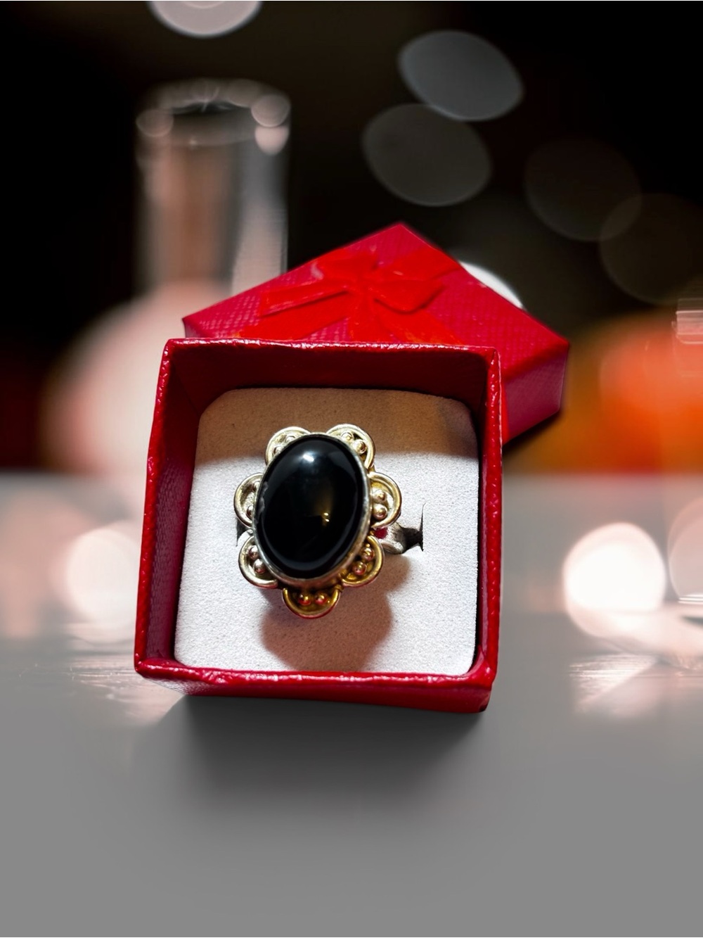 925 Sterling silver inspired Black Onyx Floral Halo Ring - Women Jewelry size 7